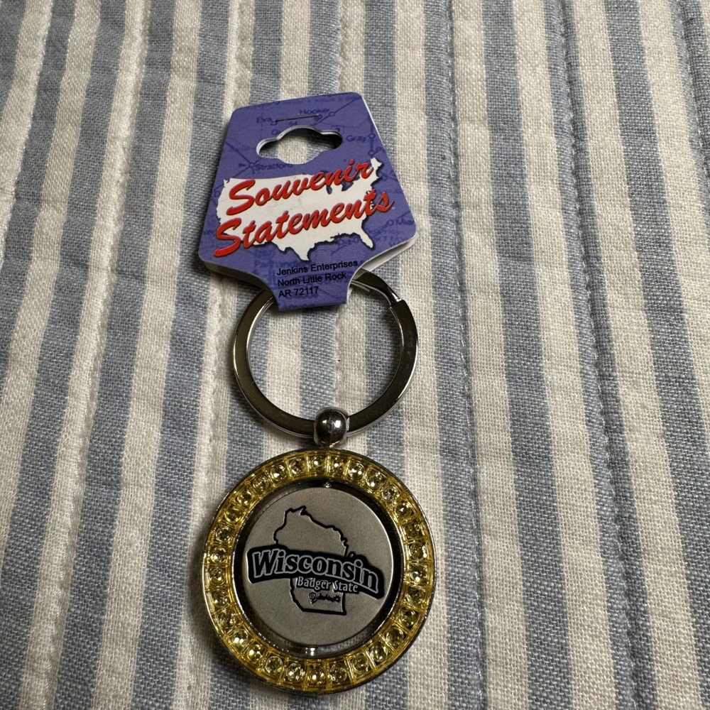 Wisconsin Badger State Spinning Keychain Yellow Rhinestone Souvenir Statements